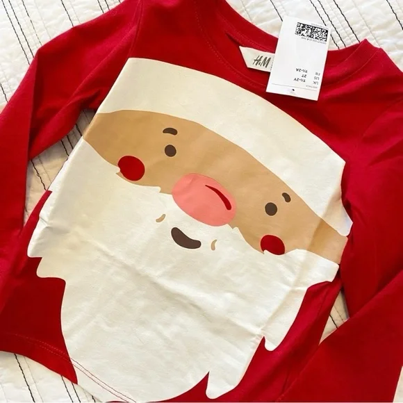 NWT H&M Santa's Face Long Sleeve Tee In Christmas Red size 2T - Picture 1 of 4